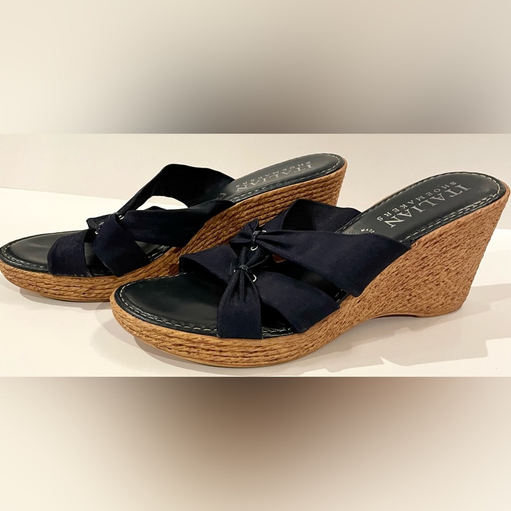 Italian Shoemakers Navy Blue Textured Wedge Espadrille Slide Sandals sz 8